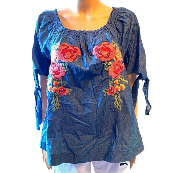 Limberence Co. Boho Chambre Florals Embroidered off shoulder Blouse Women Size L - Picture 1 of 6